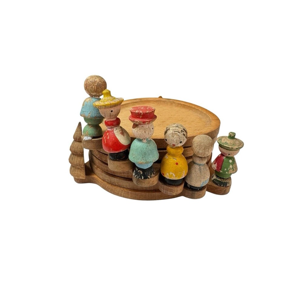 Vintage Wooden Christmas Villager Coaster Set MCM Italy Handmade Set of 6